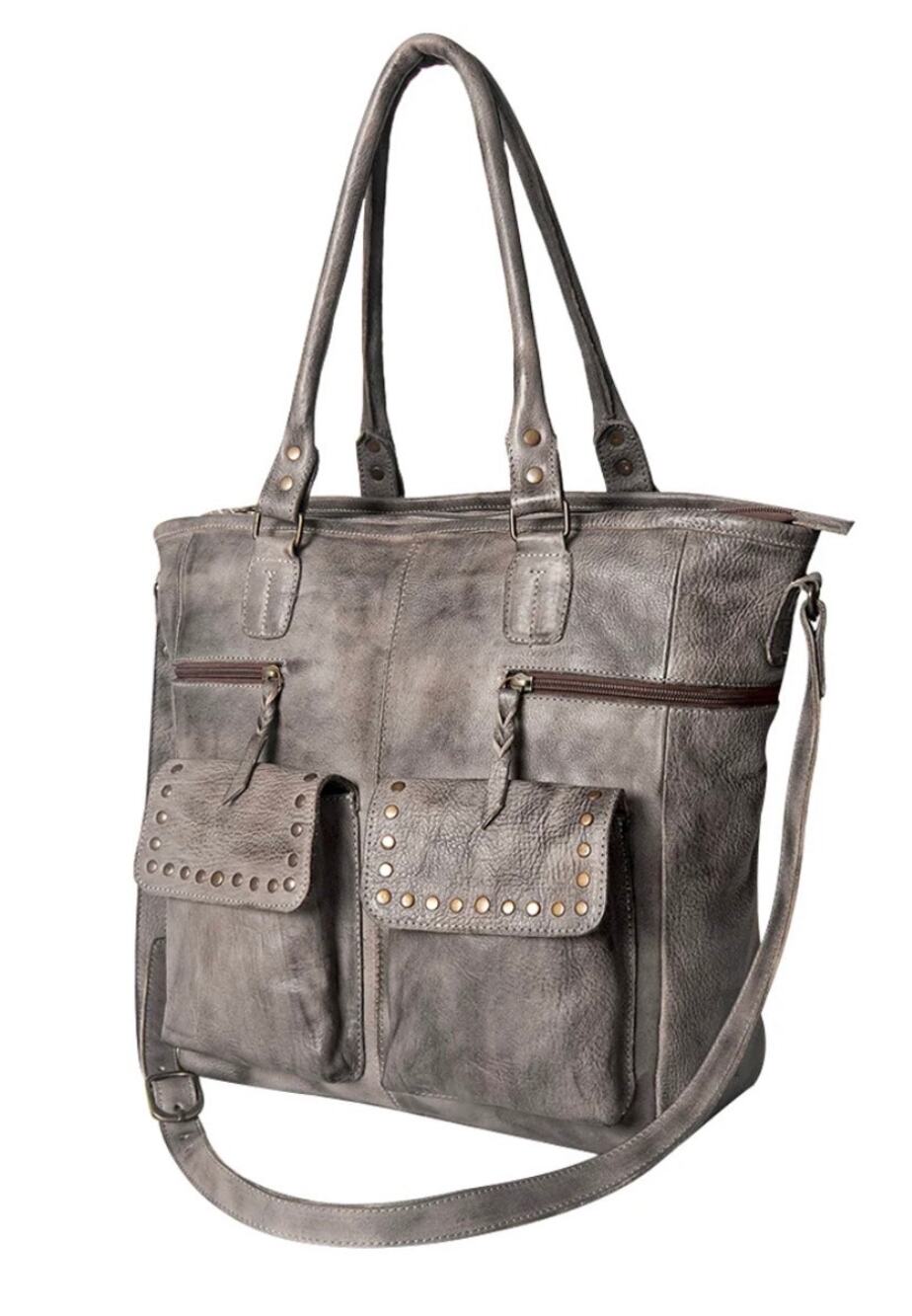 NWOT Never Mind Double Pocket Light grey leather tote